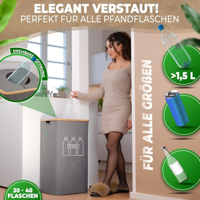 Deposit bottle collection container with lid and carrying bag | Deposit container with holes, rotatable | Ideal deposit bottle storage, empty container collection container, bottle collector (Gray)