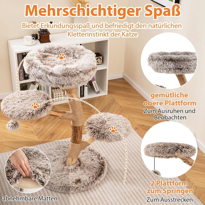 Дерев'яний кігтеточки для котів Costway 90 см, 3 м'які сидіння, джутовий кігтеточки, кігтеточки-вежа, кігтеточки для котів, масивне дерево, білий+натуральний, 1 ствол, 3 яруси