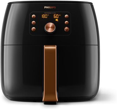 Philips Airfryer XXL with Rapid Air Technology - Hot Air Fryer with 7.3L Capacity, 90% Less Fat, Smart Sensing for Perfect Results, QuickClean, Recipe App, Black/Copper (HD9867/90)
