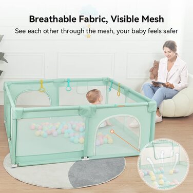 COMOMY Playpen Baby, 150x180x66cm Playard Baby Large XXL Safety Play Area Protective Fence for Children with Soft Net, Non-Slip Oxford Bottom, Balls, Mini Baskets, and 4 Pull Rings 150x180x66cm Dark Green