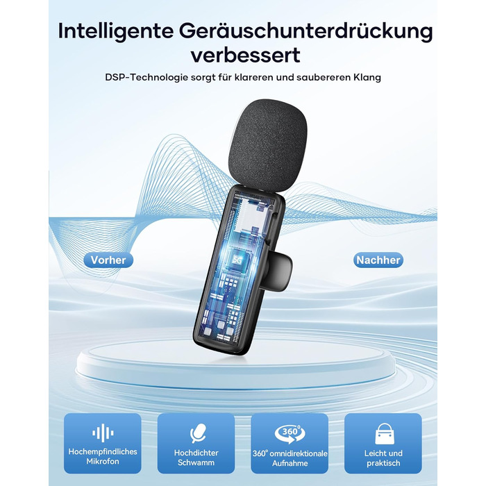 Беспроводной петличный микрофон 2 шт. для iPhone, iPad, Android, YouTube, TikTok, с шумоподавлением, Plug & Play, для видео, подкастов, черный