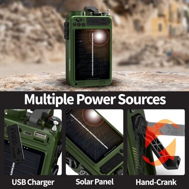 Радіо на сонячній батареї FosPower D9 з ліхтариком, AM/FM/WB, Power Bank 4000 mAh - Темно-зелений