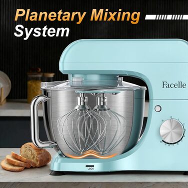 Кухонний комбайн-міксер 1300W з планетарним змішуванням, чаша 5.5л з нержавіючої сталі, 10 швидкостей, набір насадок та захист від бризок, Блакитний