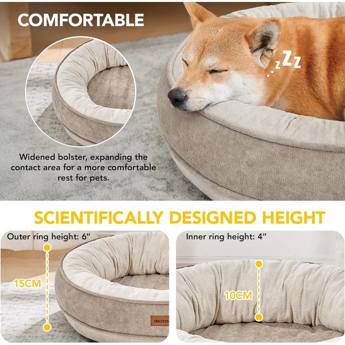 Кругле м'яке ліжко для собак та котів Deconovo, діаметр 61 см, ортопедичне, знімний кошик, Khaki