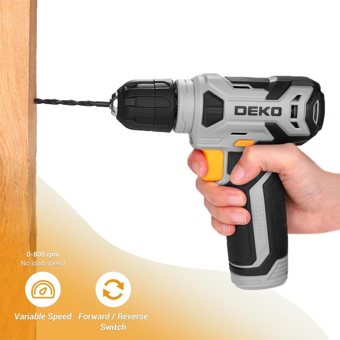 Акумуляторний шуруповерт-дрель DEKOPRO 8V 42шт з аксесуарами: ударний, LED-підсвітка, 12Nm, регулювання швидкості, для ремонту будинку (сірий)