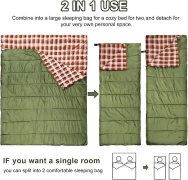 Cotton Flannel Double Sleeping Bag for Camping, Hiking - Queen Size 2 Person Waterproof Sleeping Bag for Adults & Teens - Lightweight (Green/Brown)