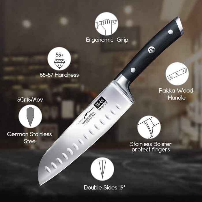 Кухонний ніж Santoku SHAN ZU 18 см з німецької нержавіючої сталі, надгостре лезо, ергономічна ручка, подарункова упаковка