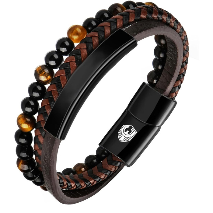 Чоловічий шкіряний браслет Lederarmband з магнітною застібкою з нержавіючої сталі, плетінка, коричнево-чорний, 20.5 см + Подарункова коробка