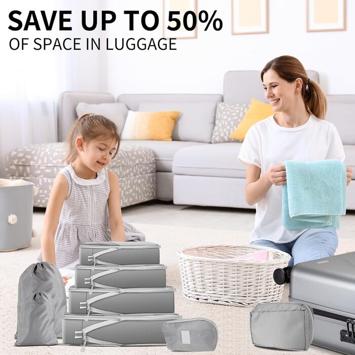 Органайзер для валізи, набір 6 шт. Компресійні кубики для пакування, органайзер для подорожей, сірий (8 шт.)