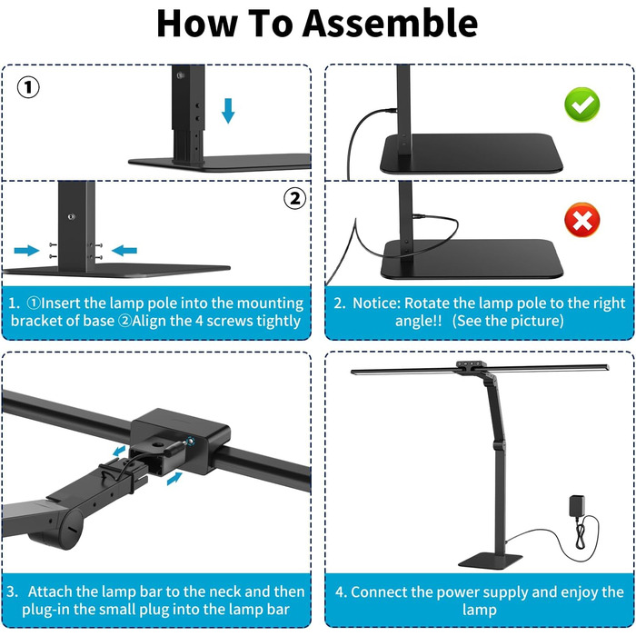 LED лампа для столу KableRika з двома головками: 24W, регульована яскравість, захист очей, для офісу та дому, сучасна лампа-світлодіод для монітора, білий (чорний)