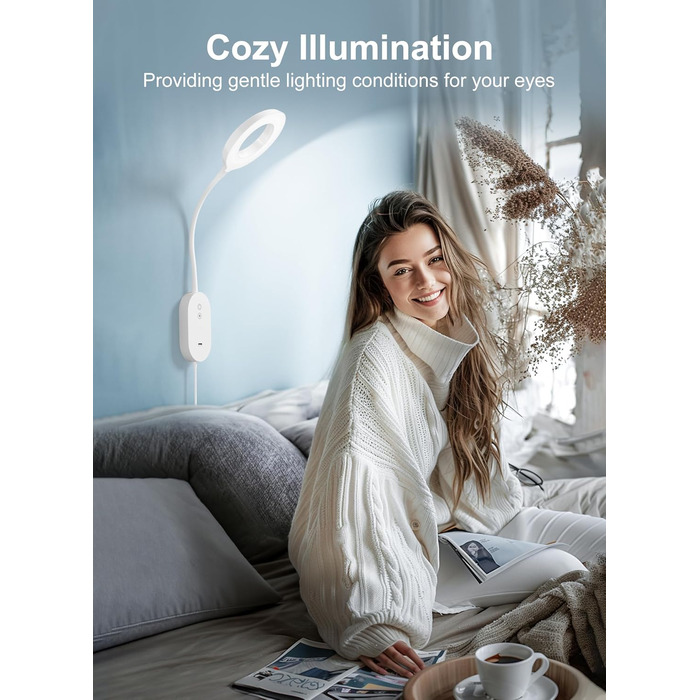 Світлодіодна настінна лампа для читання з USB, 10 Вт, 4 режими кольору, димування, функція пам'яті, таймер автовимкнення, біла