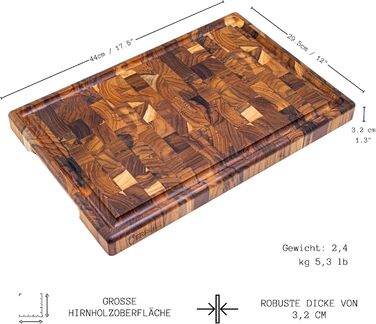 Дерев'яний обробний дошка Erke Schneidebrett з текового дерева, 44 x 29.5 x 3.2 см, з жолобом для соку, товщина 3.2 см