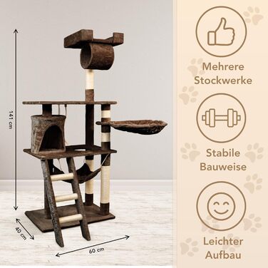 Кігтеточка для котів Foxdevil від xonic® - стабільна, багатофункціональна, з платформою, гамаком, будиночком, іграшкою, 141 см (Коричнева V1)