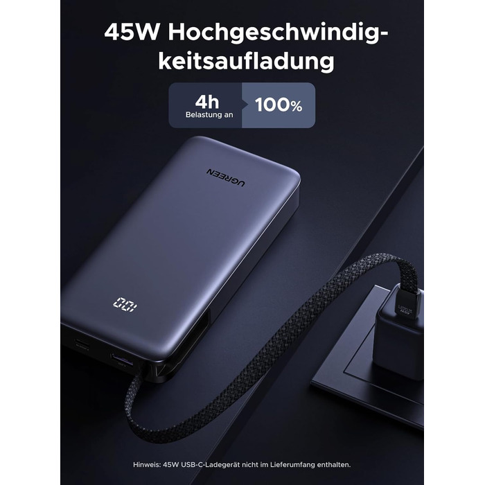 Power Bank UGREEN 20000mAh 45W з USB-C кабелем та швидкою зарядкою PD, сумісний з iPhone, iPad, Samsung Galaxy, ноутбуками