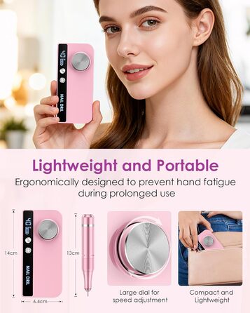 Електричний апарат для манікюру та педикюру з LCD-дисплеєм, 40000 об/хв, 15 насадок, рожевий. Для професійного та домашнього використання