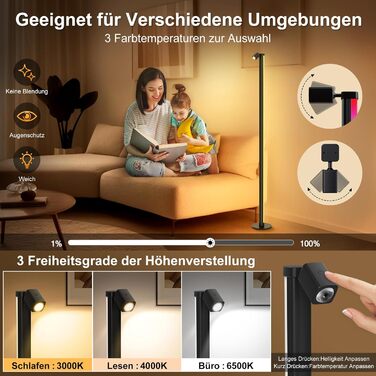 LED-лампа на підставці HANDSONIC RGBIC, 140 см, чорна, для вітальні, з регулюванням яскравості, 16 мільйонів кольорів, керування через додаток, кут освітлення 180°, ідеально для геймінгу