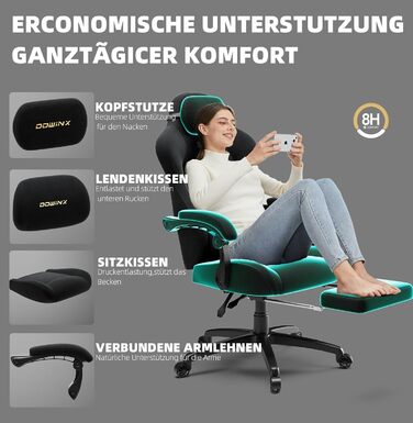 Ігровий крісло Dowinx з кишеньковим пружинним блоком, ергономічне, з масажем, з підголівником та підніжкою, для ігор та офісу (Чорний, Титан)