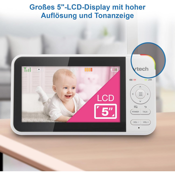 Відеоняня Vtech VM901-1W з Wi-Fi, 5-дюймовий HD-дисплей, поворотна камера 1080P, мобільний додаток, широкий кут огляду 120°, сумісна з iOS та Android
