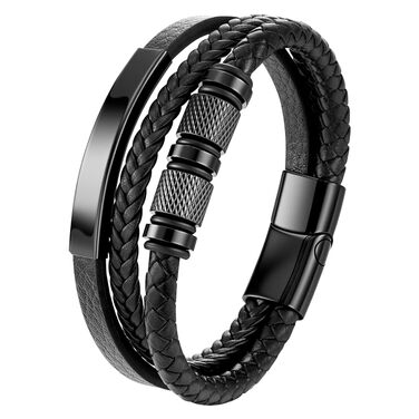 Чоловічий шкіряний браслет на магнітній застібці, з нержавіючої сталі, плетене браслет, ідеально підходить на день народження, День святого Валентина, Різдво або День батька (21 см, чорний)