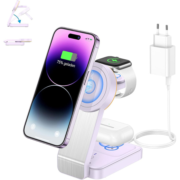 3-в-1 Станція Бездротової Зарядки для iPhone, Apple Watch та AirPods (Біла/Фіолетова)
