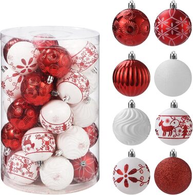 34 штуки прикрас для ялинки: пластикові кулі, ялинкові прикраси з стрічкою, набір з оленями, біло-золотий та червоний кольори