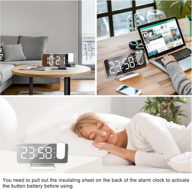 Exmate Projection Alarm Clock, Digital Alarm Clock with Projection, USB Charging Port, 7.5'' Large Mirror-LED Display, Snooze Dual-Alarm, Adjustable Brightness (White with Adapter)