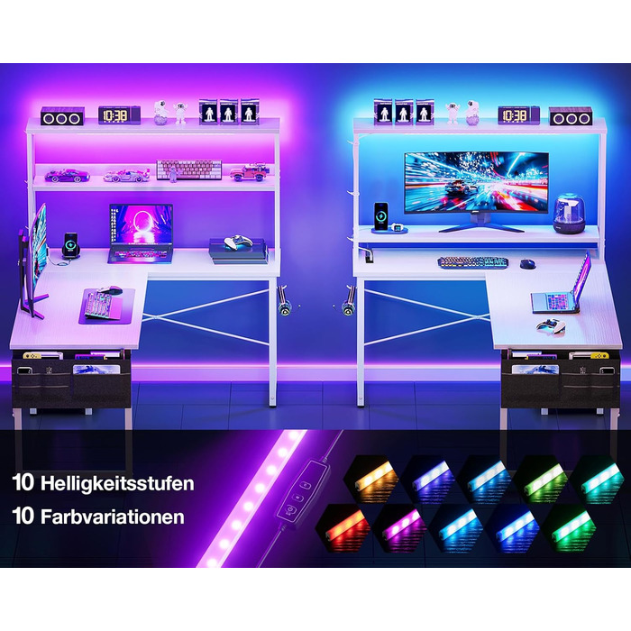 Ігровий стіл Coleshome L-подібної форми з LED-підсвічуванням та розетками, 135 × 100 см. Реверсивний кутовий стіл з полицями для зберігання, з сумкою для дому та ігор. (110×80 см, Білий)