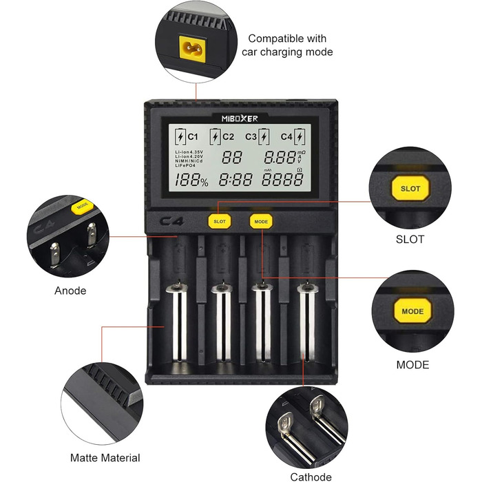 Зарядний пристрій для акумуляторів AUKSKY з LCD-дисплеєм (8 слотів) - універсальна зарядка для NI-MH, NI-Cd, AA, AAA, 14500, 18350, 21700, 26650, Li-Ion, LiFePO4, RCR123A (1.5A, 4 порти)