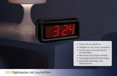 TFA Dostmann ROXY Digital Alarm Clock/Digital Clock/Table Clock, 60.2024.10, with Snooze Function, with Alarm Function, energy-saving LED technology, anthracite, L 130 x W 41 x H 65 mm
