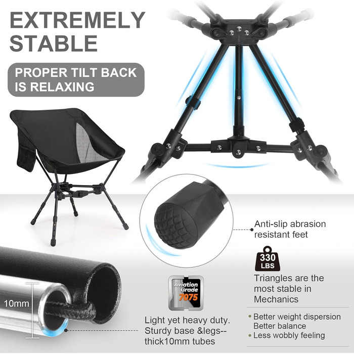 Складний туристичний стілець TOPCHANCES для кемпінгу та відпочинку на природі. Міцний, легкий, з кишенею, чорний