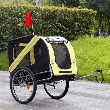 Причіп для собак Wiltec 220x700x78 см з безпечною муфтою, причіп для вантажів з москітною сіткою та захистом від дощу (чорний / жовтий)