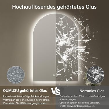 Дзеркало для ванної кімнати з підсвічуванням, арочне, без рами, 75x50 см. Touch-вимикач, регулювання яскравості, 3 кольори світла, антизапар