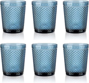 Joeyan 300ml Blue Drinking Glasses Set of 6, Colorful Water Glasses Set with Diamond Relief, Vintage Glasses Set for Home Restaurant Bar, Dishwasher Safe