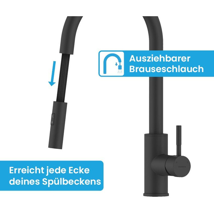 Кухонний змішувач Bächlein Plivo з нержавіючої сталі (щіткова обробка) – одноручний висувний кран для кухні з поворотним виливом 360° (матова чорна обробка)