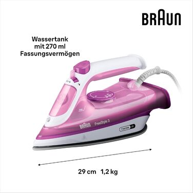 Праска з парою Braun FreeStyle 3 FI3124 PU, 2400 Вт, фіолетово-рожева, технологія FreeGlide 3D, керамічна підошва, Ultimate FastClean