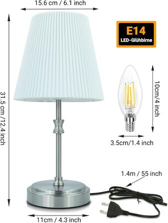 Торшер на тумбочку з сенсорним керуванням, регульована яскравість, 31.5 см, ретро стиль, для вітальні, спальні, нічник, подарунок (срібний)