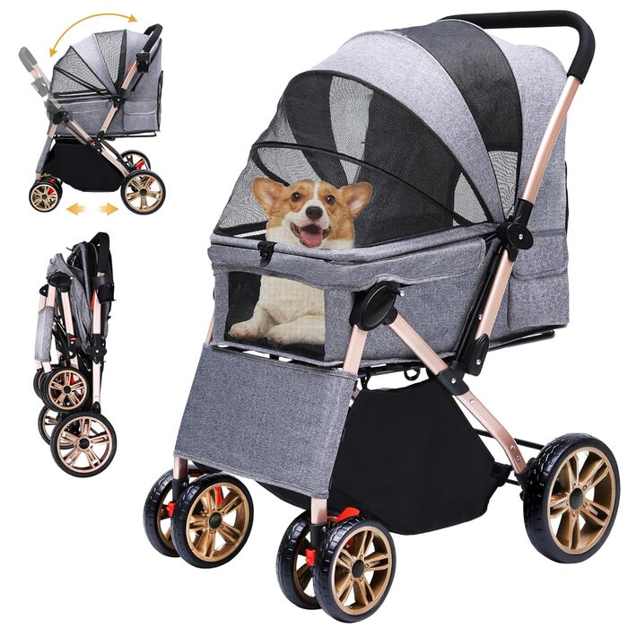 Візок для собак DWVO 3-в-1: візок, переноска, сумка. До 22 кг, EVA-колеса, сітчасті вікна, сірий (58.5x76x105cm)