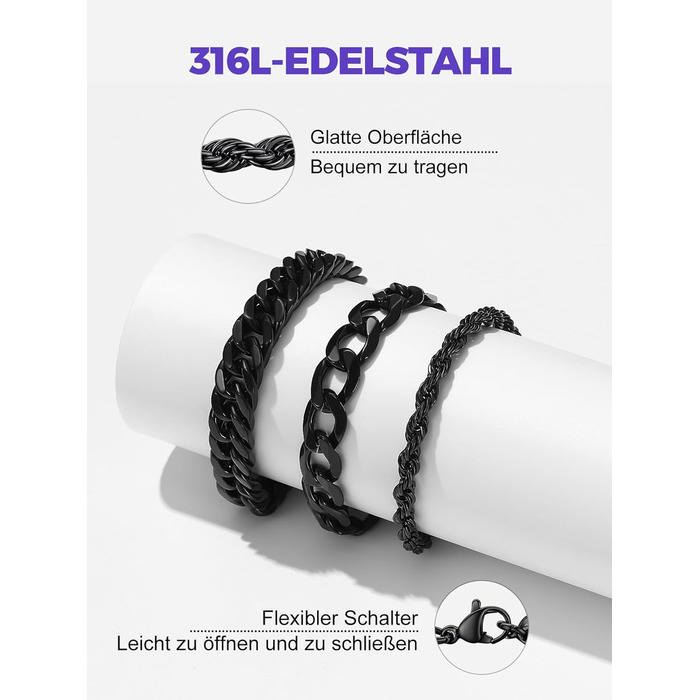 Набір чоловічих браслетів Richsteel з нержавіючої сталі (3 шт.), чорний/сталь/золото, 9/8/4 мм, довжина 19/21/23 см, для подарунка