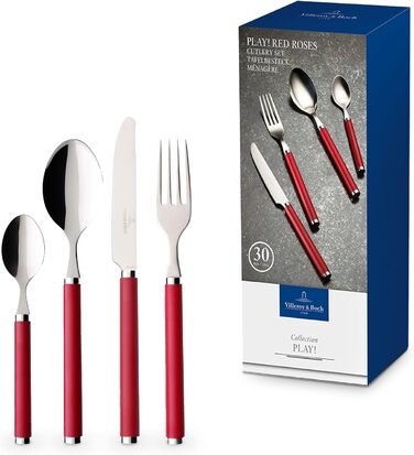 Villeroy & Boch – Play! Red Roses Tableware Set 30-Piece, Red, Dishwasher-Safe, Colorful Handles, Plastic Handles, Cutlery Set, Dinner Cutlery, Knives, Forks, Stainless Steel, Plastic
