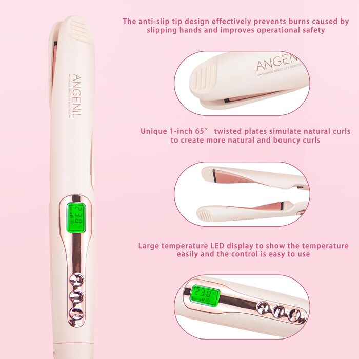 Випрямляч для волосся ANGENIL Pro Ceramic Twist 2-в-1 рожевого кольору: випрямлення, завивка, хвилі. З термостійким килимком