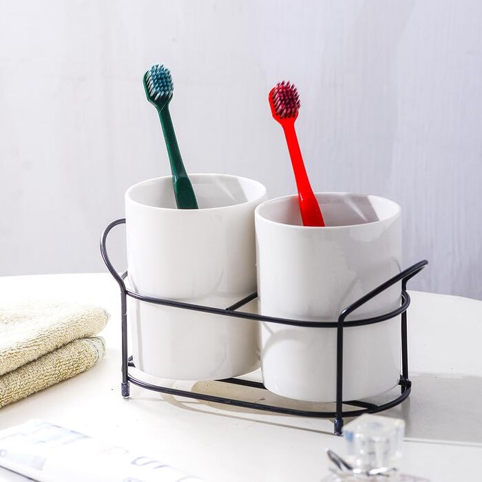 Ceramic toothbrush holder with black frame (white), 2 pieces