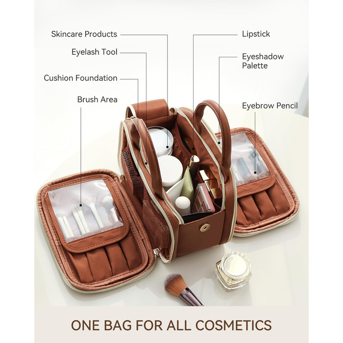 Косметичка-органайзер велика містка з водонепроникним покриттям та ручкою, з декількома відділеннями (колір: кавовий)