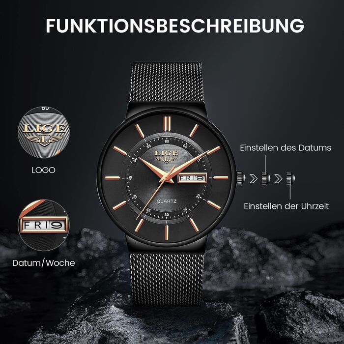 Годинник чоловічий LIGE з датою, водонепроникний, з нержавіючої сталі, аналоговий, вінтажний, кварцовий, чорний, для бізнесу, класичний, простий, з нержавіючої сталі, чоловічий годинник