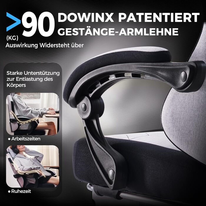 Ігровий крісло Dowinx з тканиною, пружинним сидінням та масажем попереку, з підніжкою для дорослих. Ергономічний ігровий крісло великого розміру, сірий (135 кг)