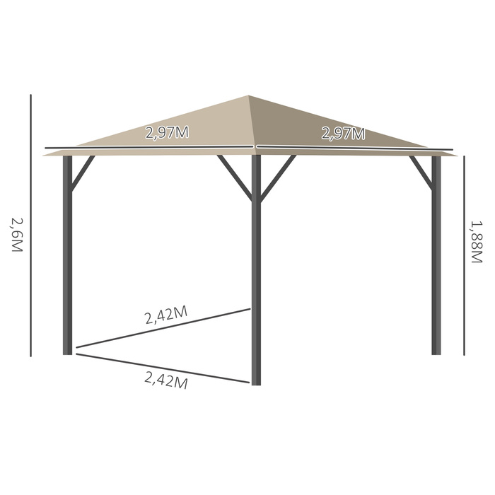 OUTSUNNY Garden Pavilion 3x3m with Ventilation Holes, 4 Side Panels, Weather-resistant, Rust-resistant, Made of Aluminum and Polyester, 2.97x2.97x2.6m in Khaki