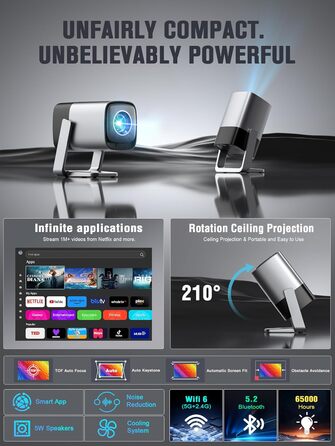 Проектор міні 18000L 1080P з автофокусом та WiFi/Bluetooth, Netflix сертифікований, обертовий на 210°, з корекцією трапеції та фільтром від пилу