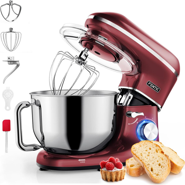 Fentic 2000W Stainless Steel Stand Mixer with 6.2L Bowl - Includes Dough Hook, Whisk, Beater & Splash Guard - Red