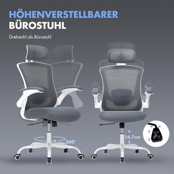 Офісне крісло Colamy з ергономічною підтримкою спини, регульованою підголівником та поперековою підтримкою, сітчасте, сірого кольору