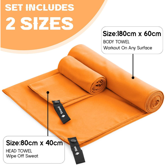 Набір рушників з мікрофібри 2 шт. | 180x60 см (великий) + 80x40 см (малий) | Швидковисихаючі рушники для спорту, пляжу, тренажерного залу (Помаранчевий)