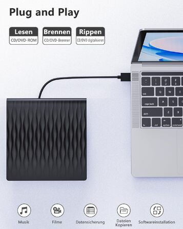 Зовнішній DVD CD привід DANGZW USB 3.0 Type-C, портативний DVD-записувач та плеєр для ноутбука та ПК, сумісний з Windows, Linux, MacOS, матовий чорний